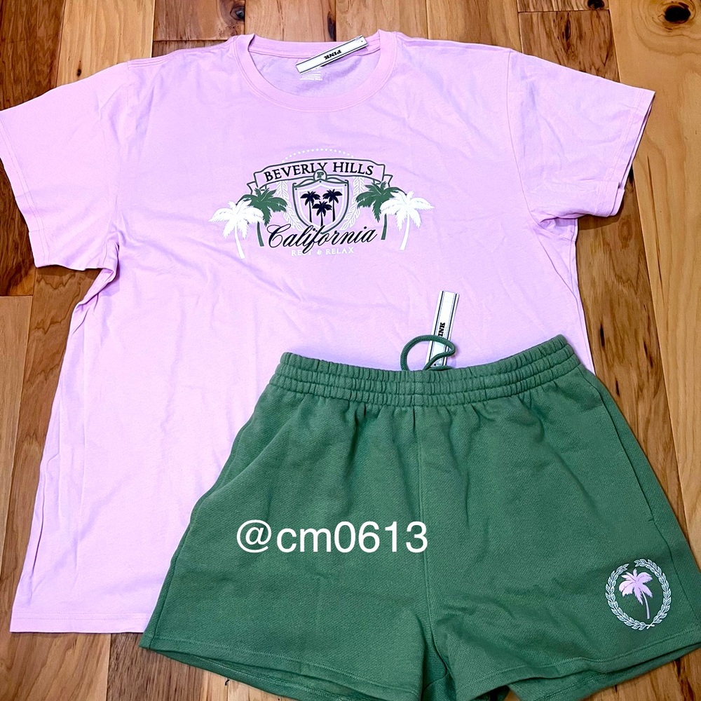 VS PINK BEVERLY HILLS OUTFIT SPRING ORCHID LIGHT PINK TEE & GREEN & PINK SHORTS